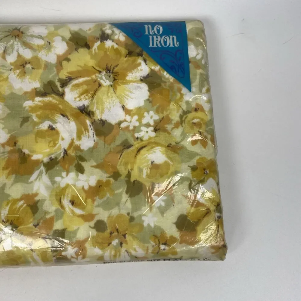 GRANTS Home Full Flat Sheet Std Pillowcases Yellow Flowers Muslin Fabric No Iron